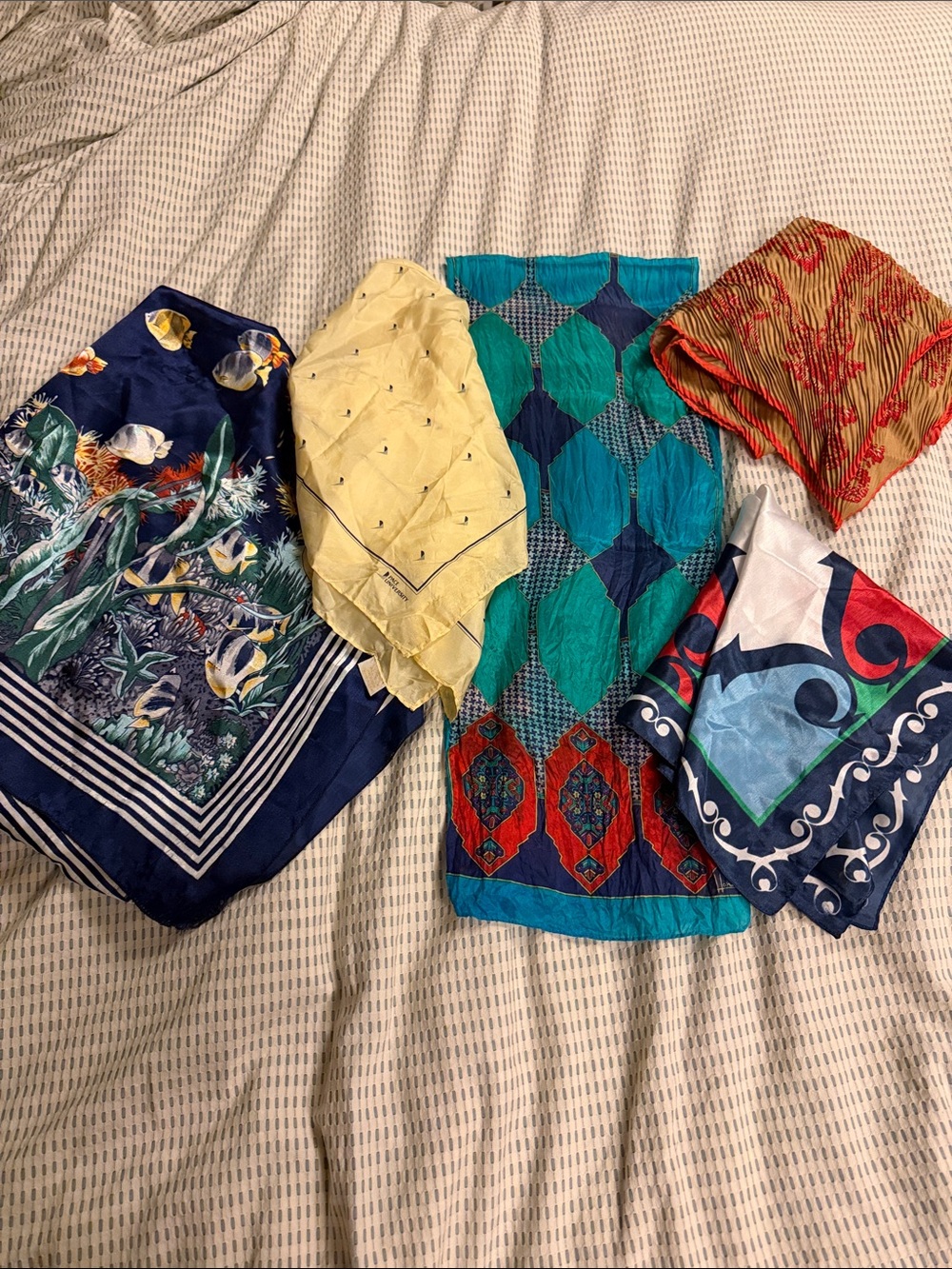 Vintage Fabric Scarf Crafting Lot 5pc Honey Silk Scrap Destash DIY